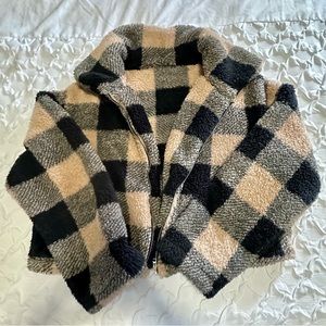 Plaid Print Zip Up Drop Shoulder Teddy Jacket semi cropped black beige
